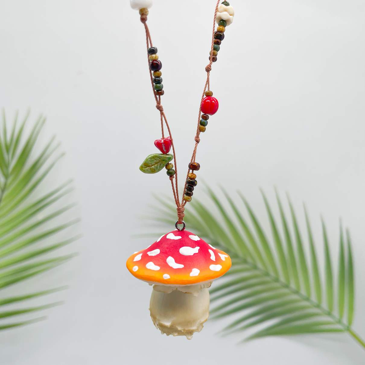 Detailed  clay mushroom pendant necklace